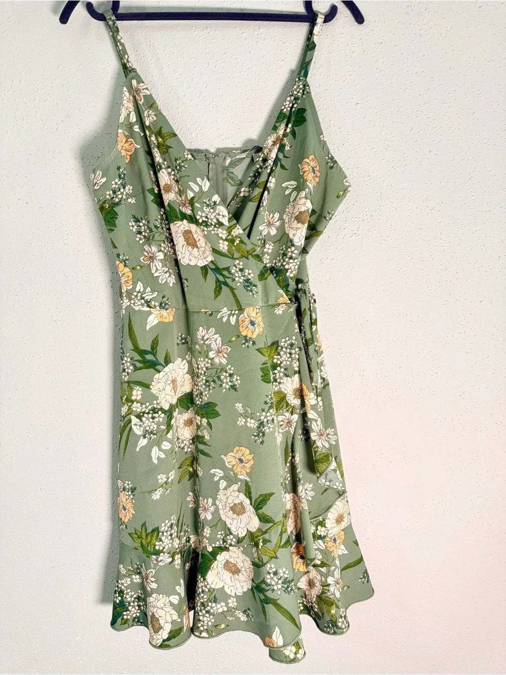 Speechless Floral Faux Wrap Mini Dress Sage Green Size L - Picture 3 of 8